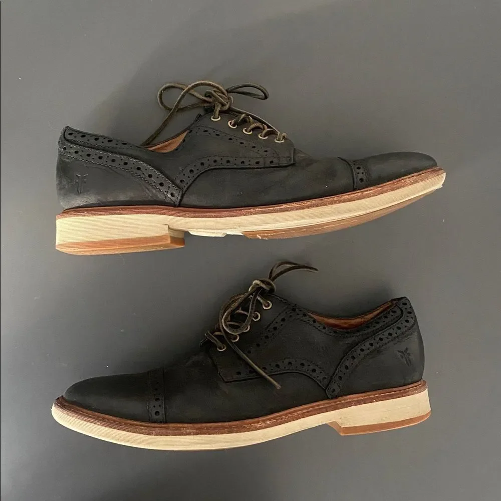 FRYE Shoes Mens 10.5 Joel Brogue Cap Toe Derby Black Leather Oxford Casual Dress